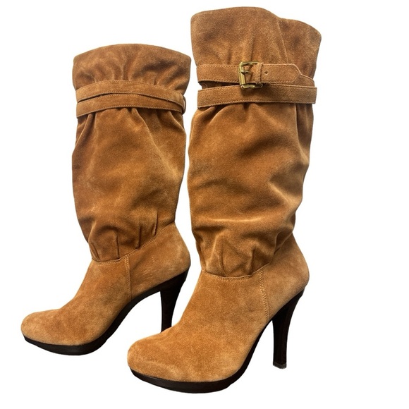 Michael Kors Suede Slouch Cognac Mobwife Leather Pull On Y2K Boots - Picture 2 of 11